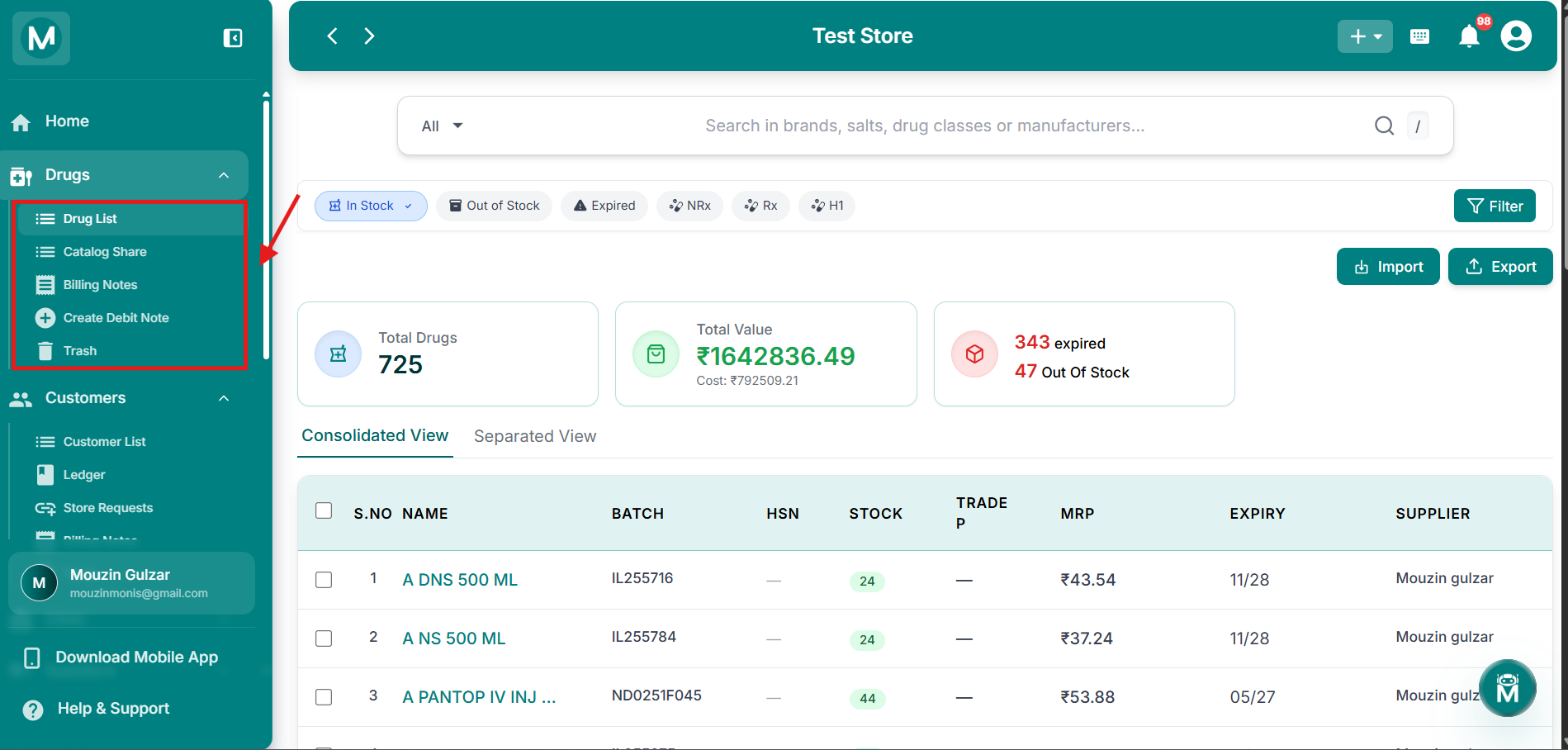 Drugs sidebar navigation