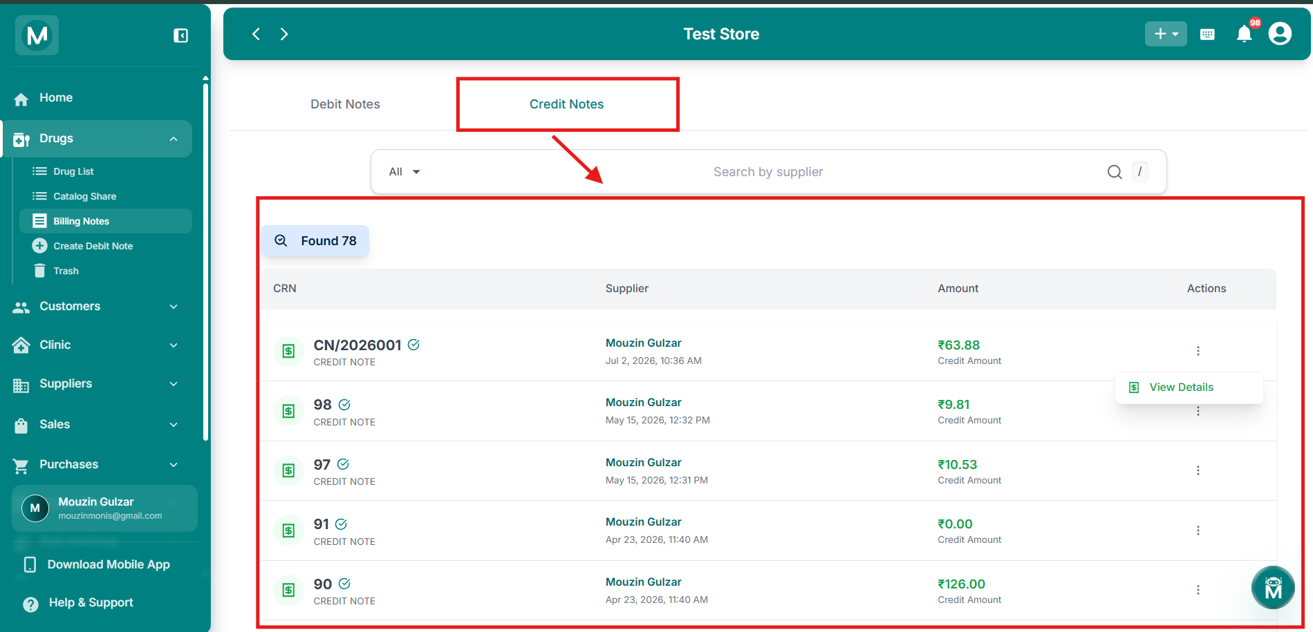 Credit Notes tab