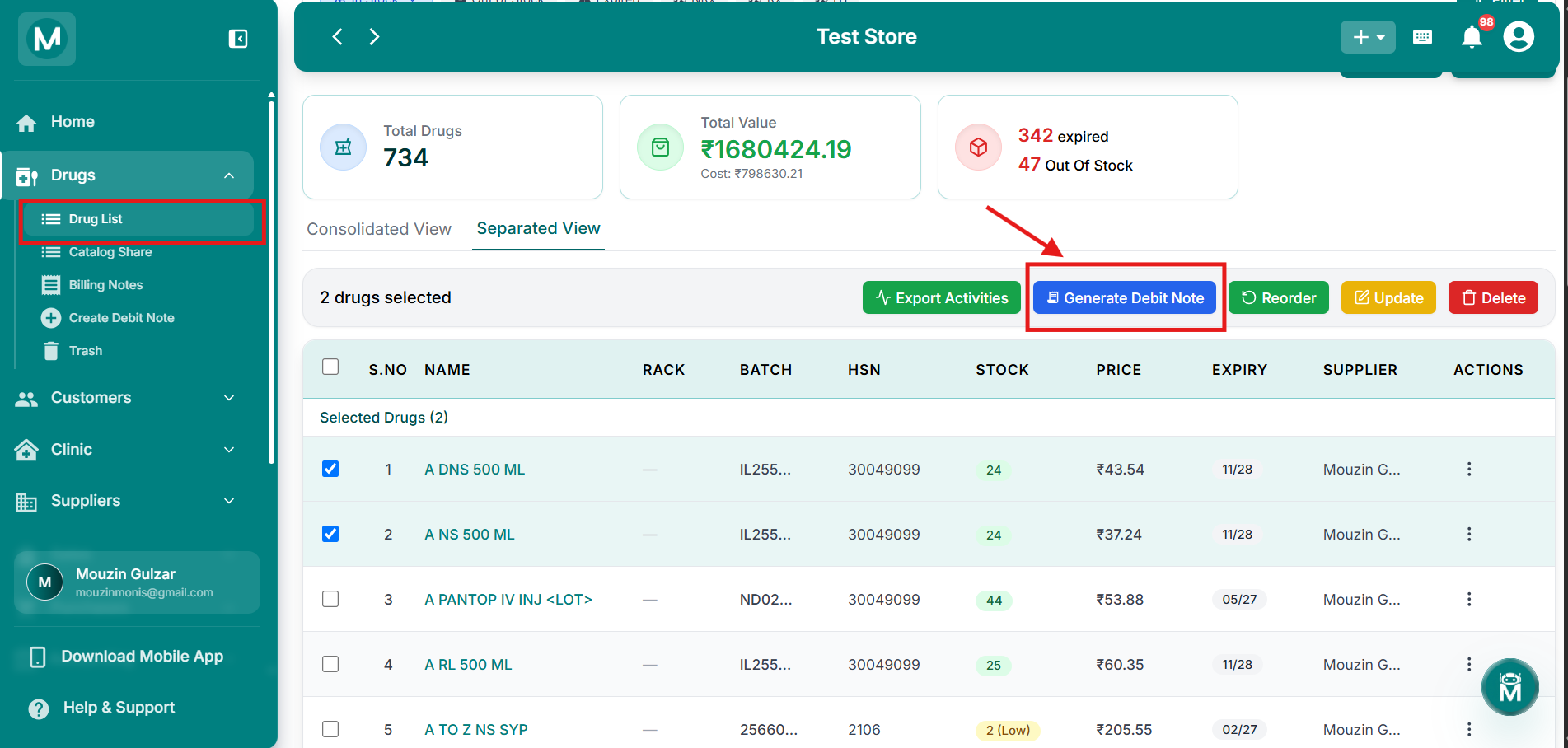 Generate Debit Note from Drug List