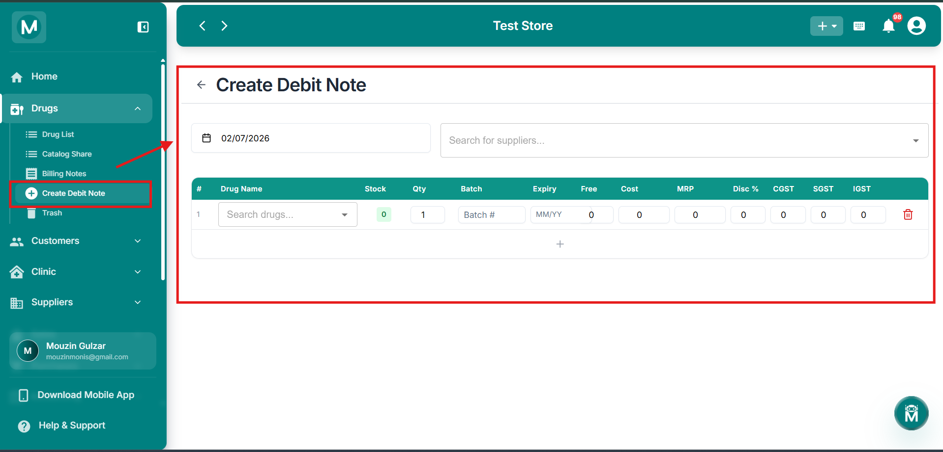 Create Debit Note page