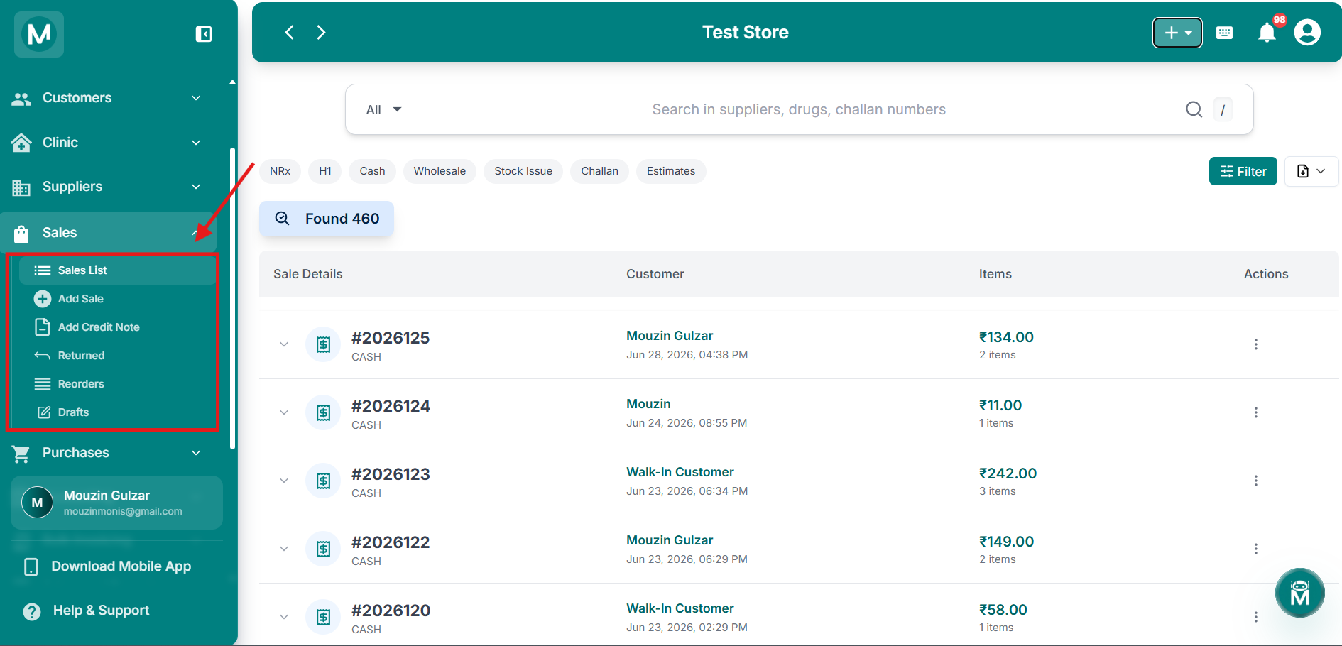 Sales sidebar navigation