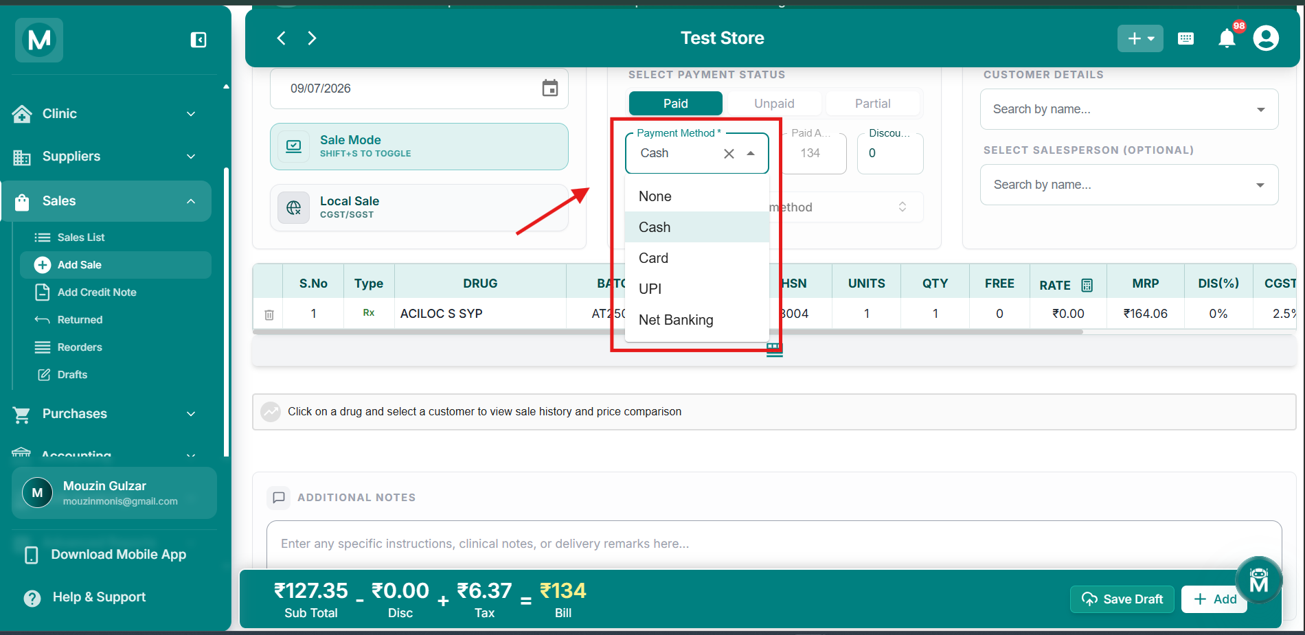 Payment Method dropdown