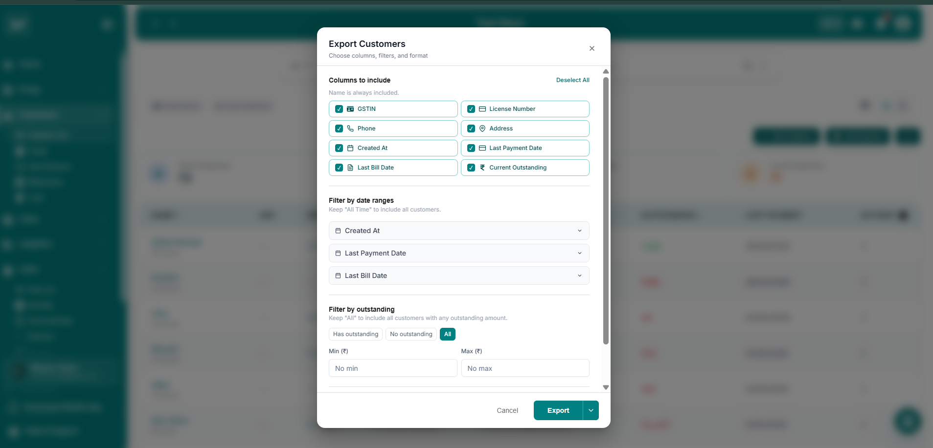 Export Customers, Columns & Filters