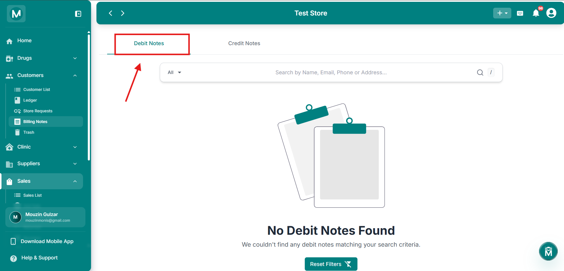 Debit Notes tab, empty state