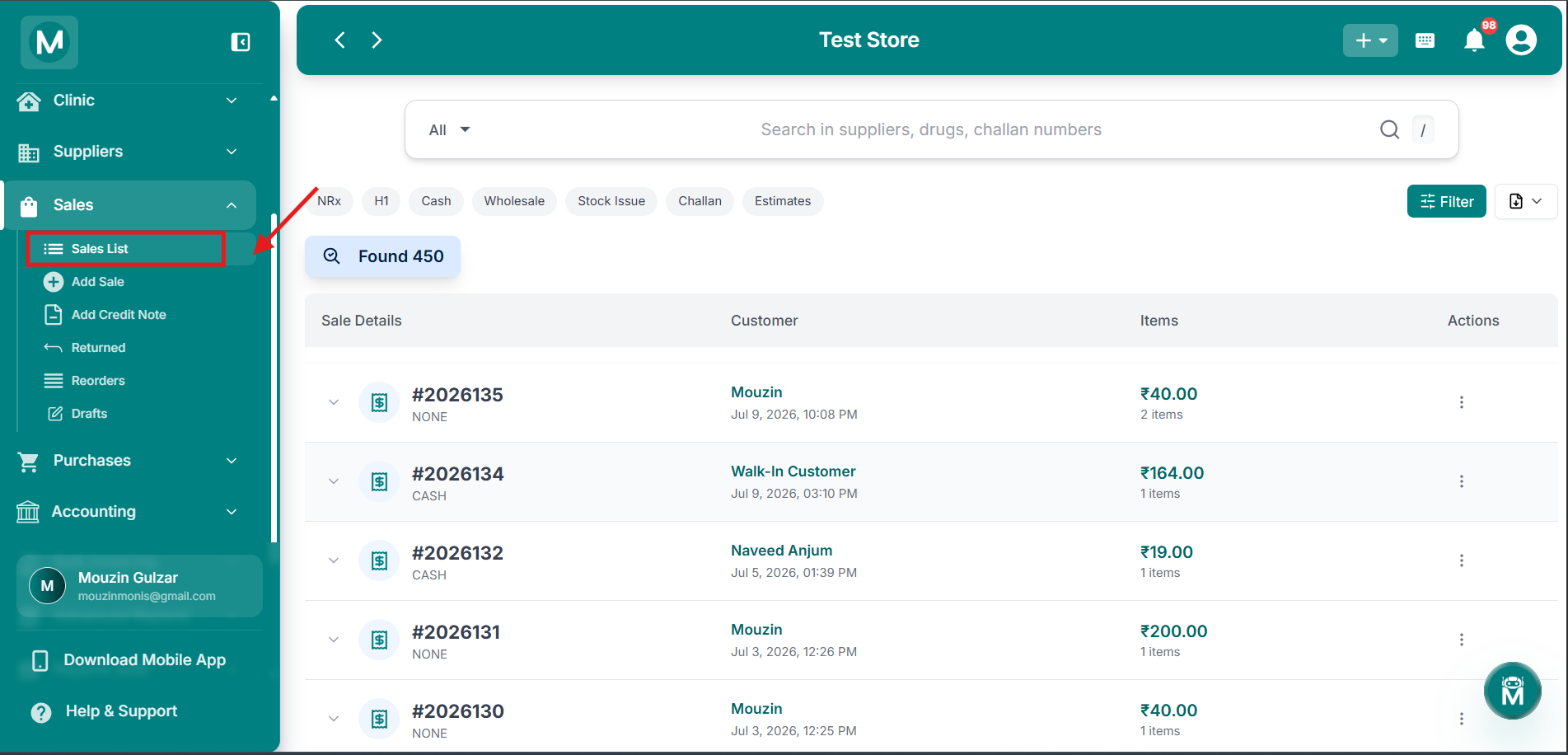 Sales list
