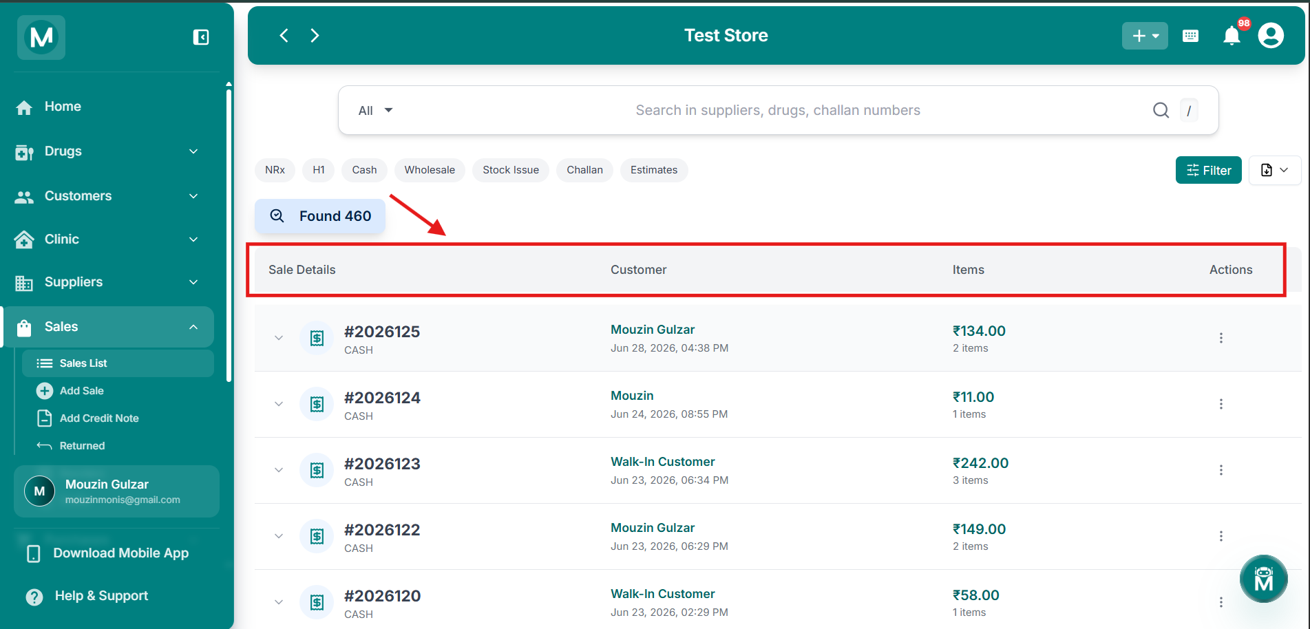 Sales List table