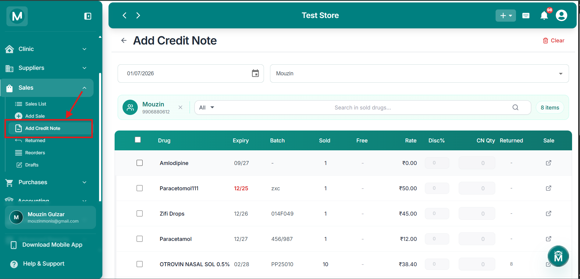 Add Credit Note