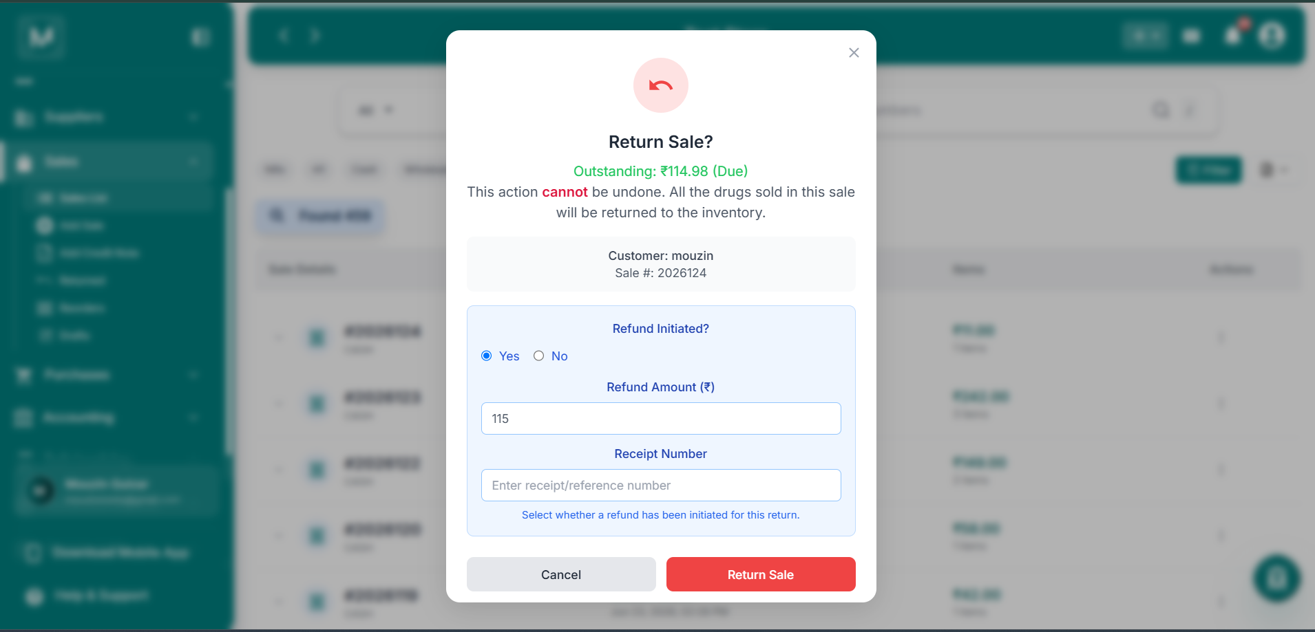 Return Sale confirmation dialog