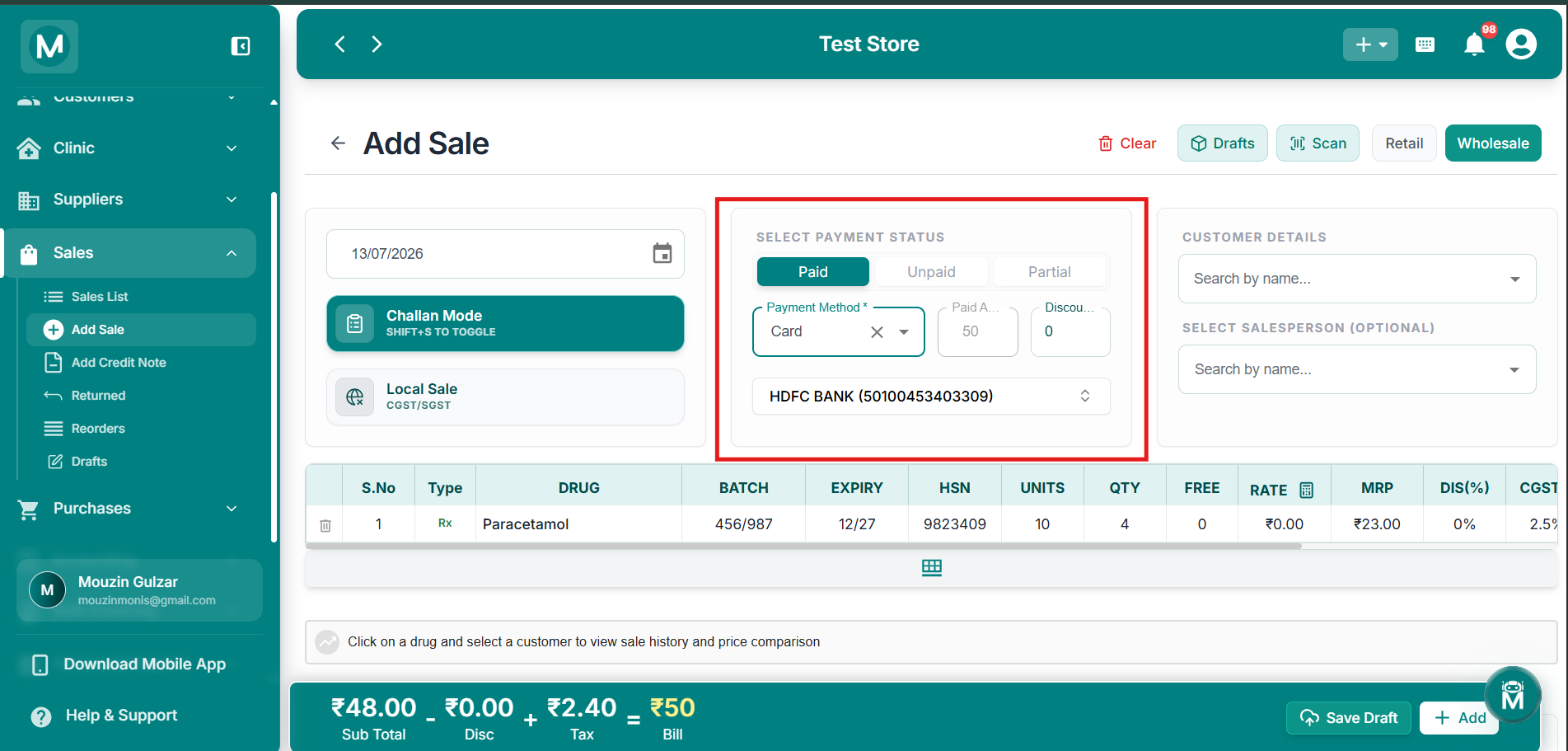 Bank details dropdown